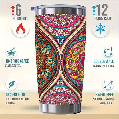 20oz Mandala Insulated Travel Mug - Vibrant Colorful Thermos Cup with Leak-Proof Lid, Keeps Drinks Hot & Cold for Hours - Perfect Gift for Office, Sports, Yoga, Valentines & Mothers Day