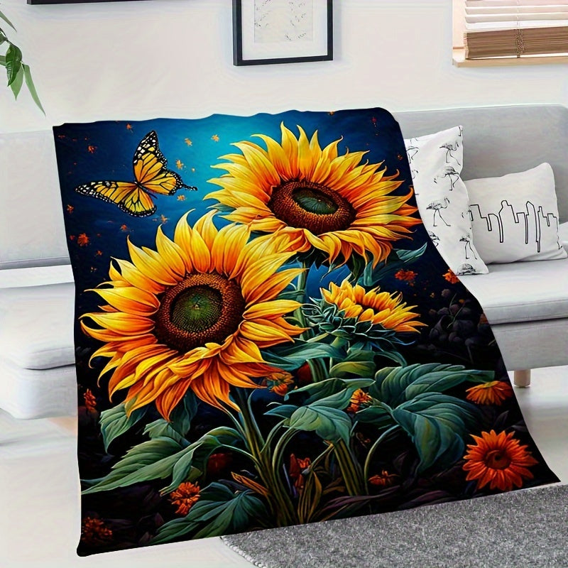 Sunflower & Butterfly Flannel Throw - Joyful Garden Print Blanket, Soft & Cozy Multi-Use Gift for Family, Friends, Home, Camping & Outdoor Adventures
