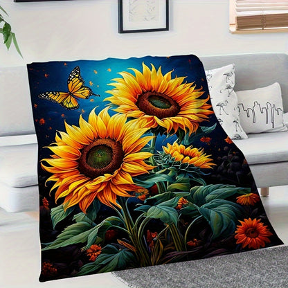 Sunflower & Butterfly Flannel Throw - Joyful Garden Print Blanket, Soft & Cozy Multi-Use Gift for Family, Friends, Home, Camping & Outdoor Adventures