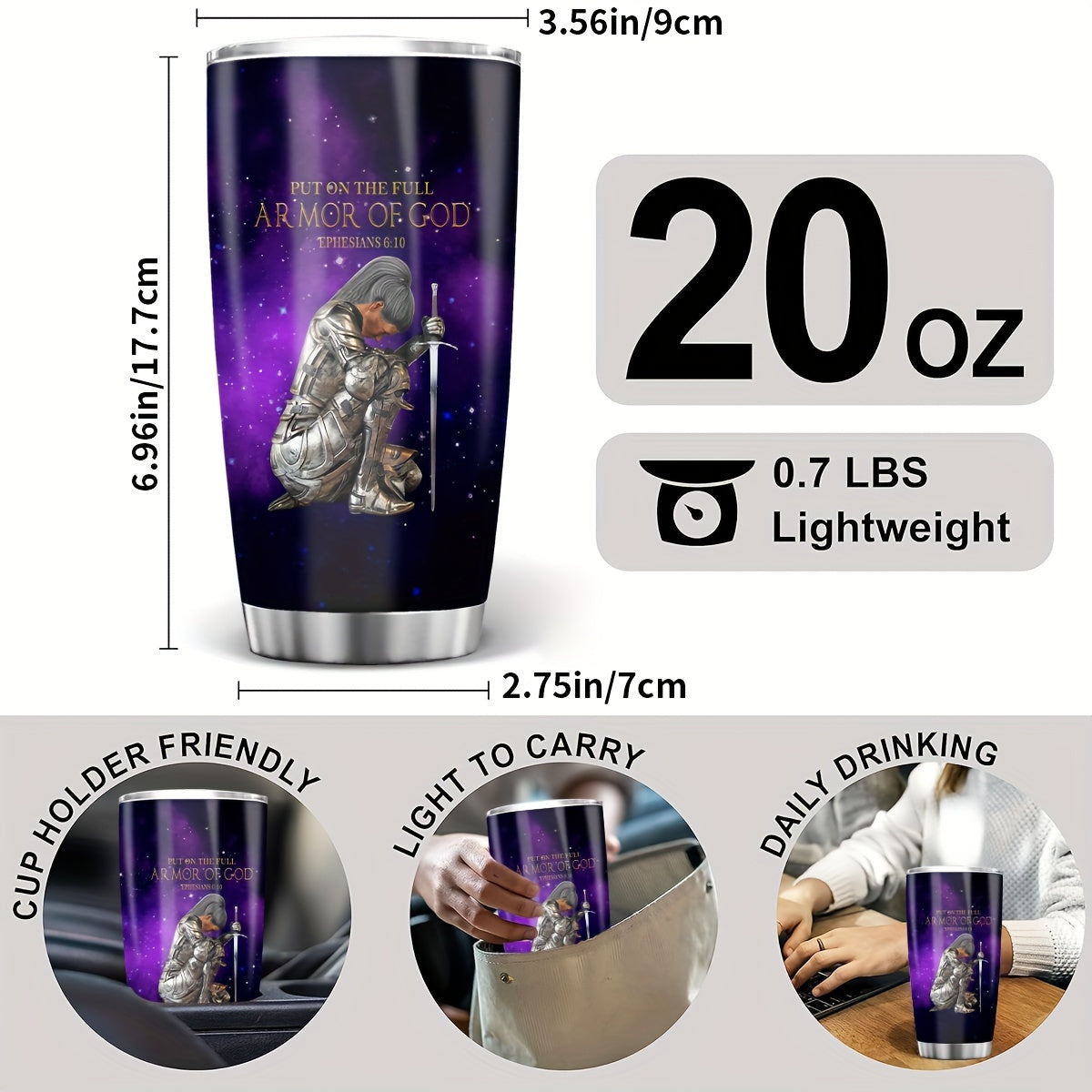 "Put On The Full Armor of God" Tumbler for Women - Ephesians 6 Christian Coffee Mug 20oz | Thanksgiving & Christmas Gift for Her, Insulated Travel Cup