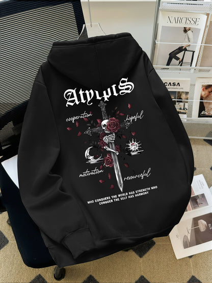 Skull & Cross Print Hoodie - Men's Dark Streetwear Pullover, Trendy Regular Fit Hooded Sweatshirt