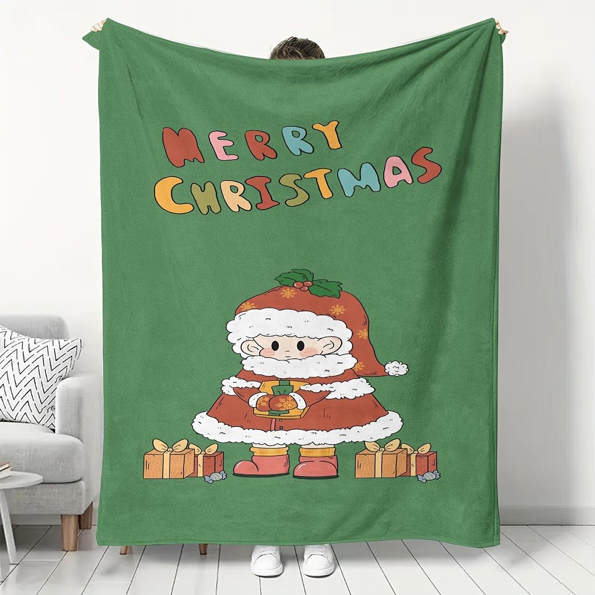 Sage Green Christmas Flannel Blanket - Santa & Gold Script Print, Soft Throw for Sofa, Bed, Office & Holiday Gift