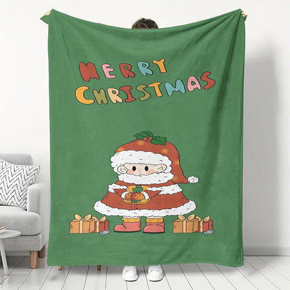 Sage Green Christmas Flannel Blanket - Santa & Gold Script Print, Soft Throw for Sofa, Bed, Office & Holiday Gift