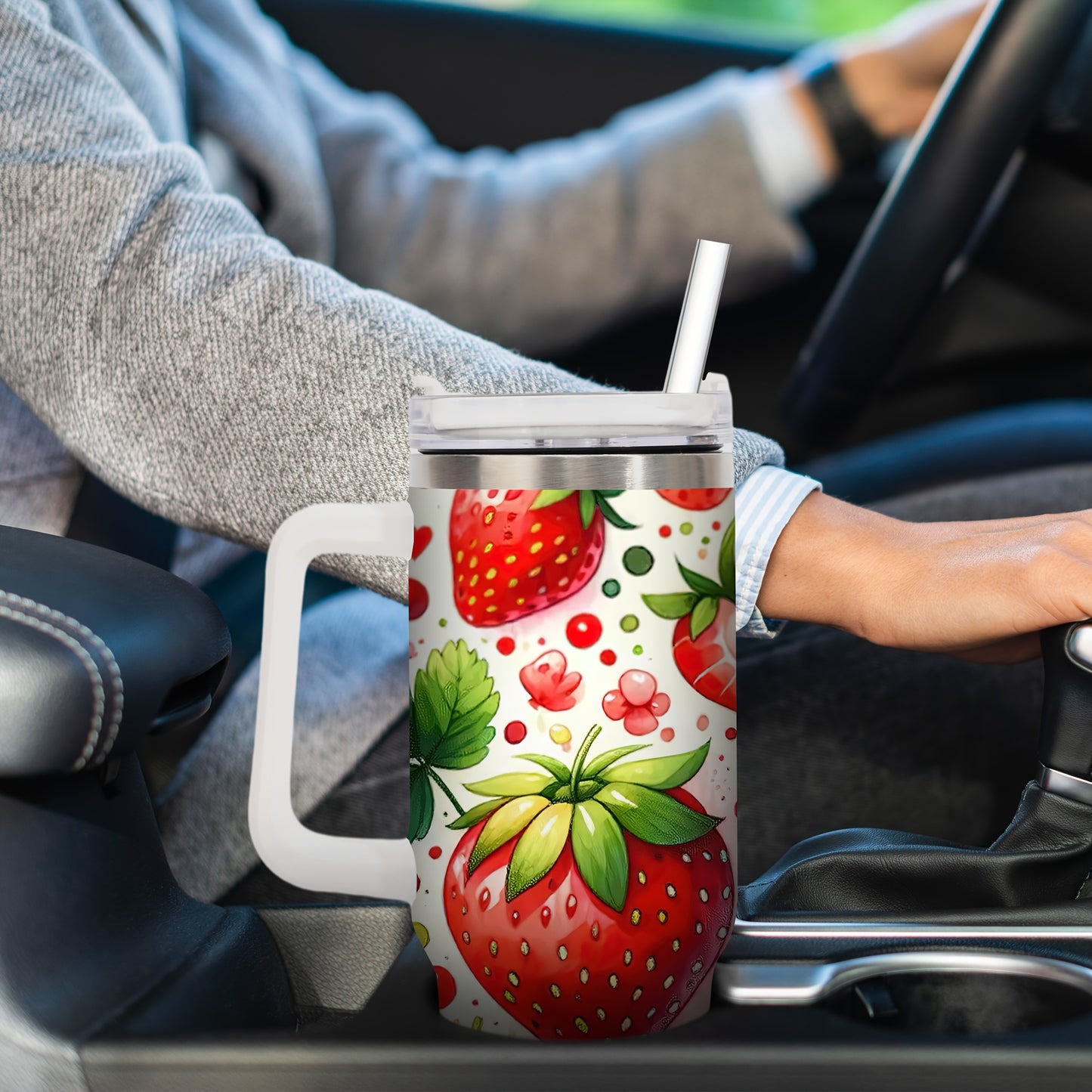 40oz Stainless Steel Tumbler with Handle - Christmas Strawberry Design, Insulated Reusable Cup for Hot/Cold Drinks, Holiday Gift