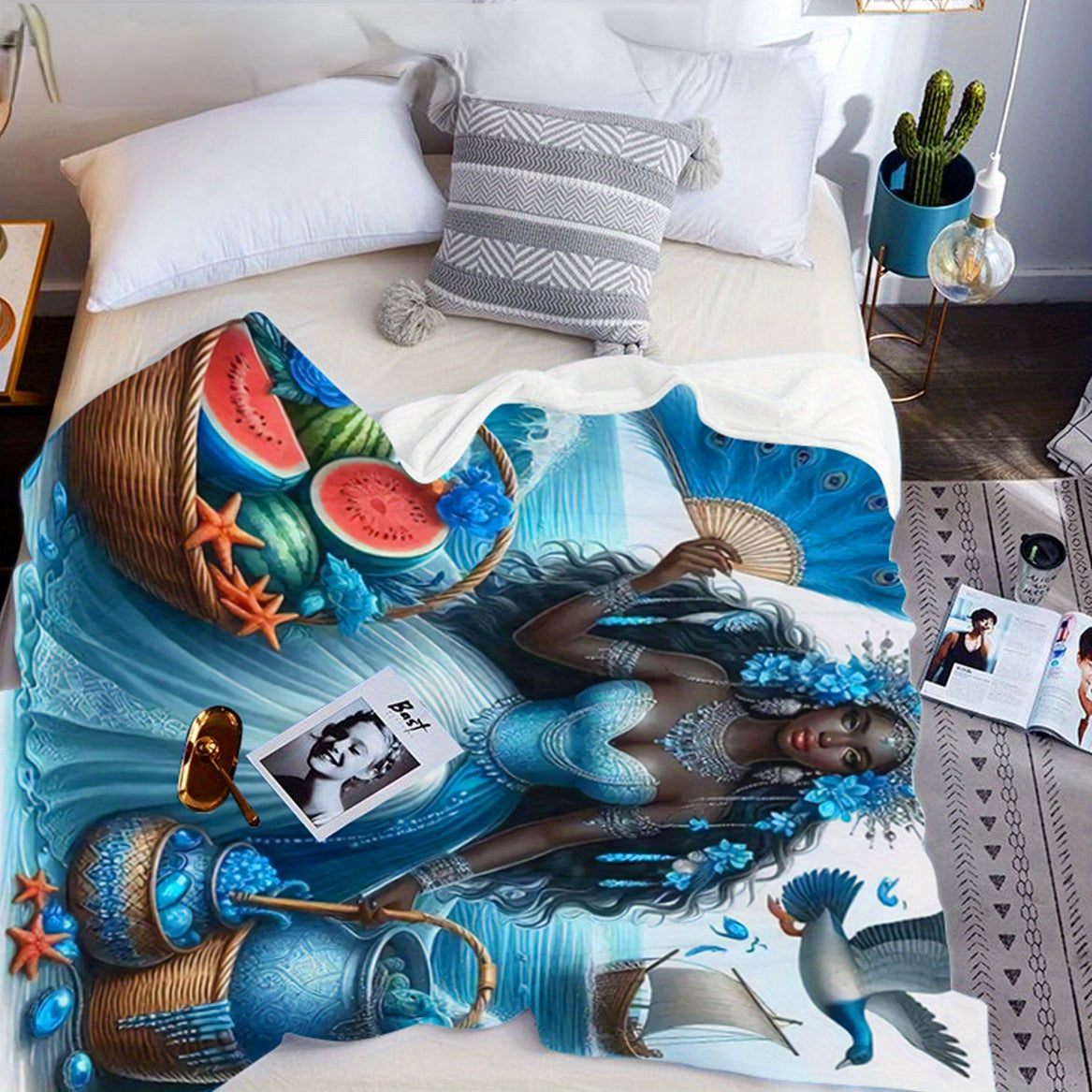 Boho Peacock & Starfish Flannel Blanket - HD Vibrant Print, Lightweight & Colorful for Beach Travel, Festival Gear & Boho Chic Home Decor