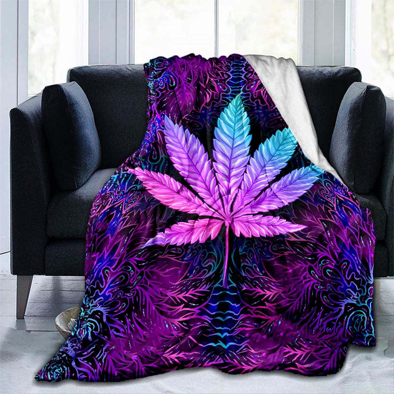 Purple Psychedelic Maple Leaves Flannel Throw - Trippy Nature-Inspired Art Blanket | Lightweight & Soft for Music Festivals, Home Decor, and Bohemian Style