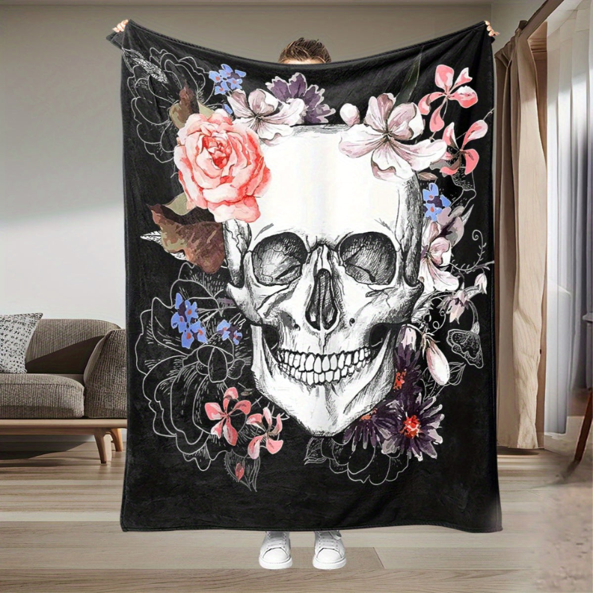 Skull & Floral Flannel Throw - Light Beige Gothic Blanket, Soft All-Season for Sofa Bed, Washable Home Decor