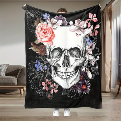 Skull & Floral Flannel Throw - Light Beige Gothic Blanket, Soft All-Season for Sofa Bed, Washable Home Decor