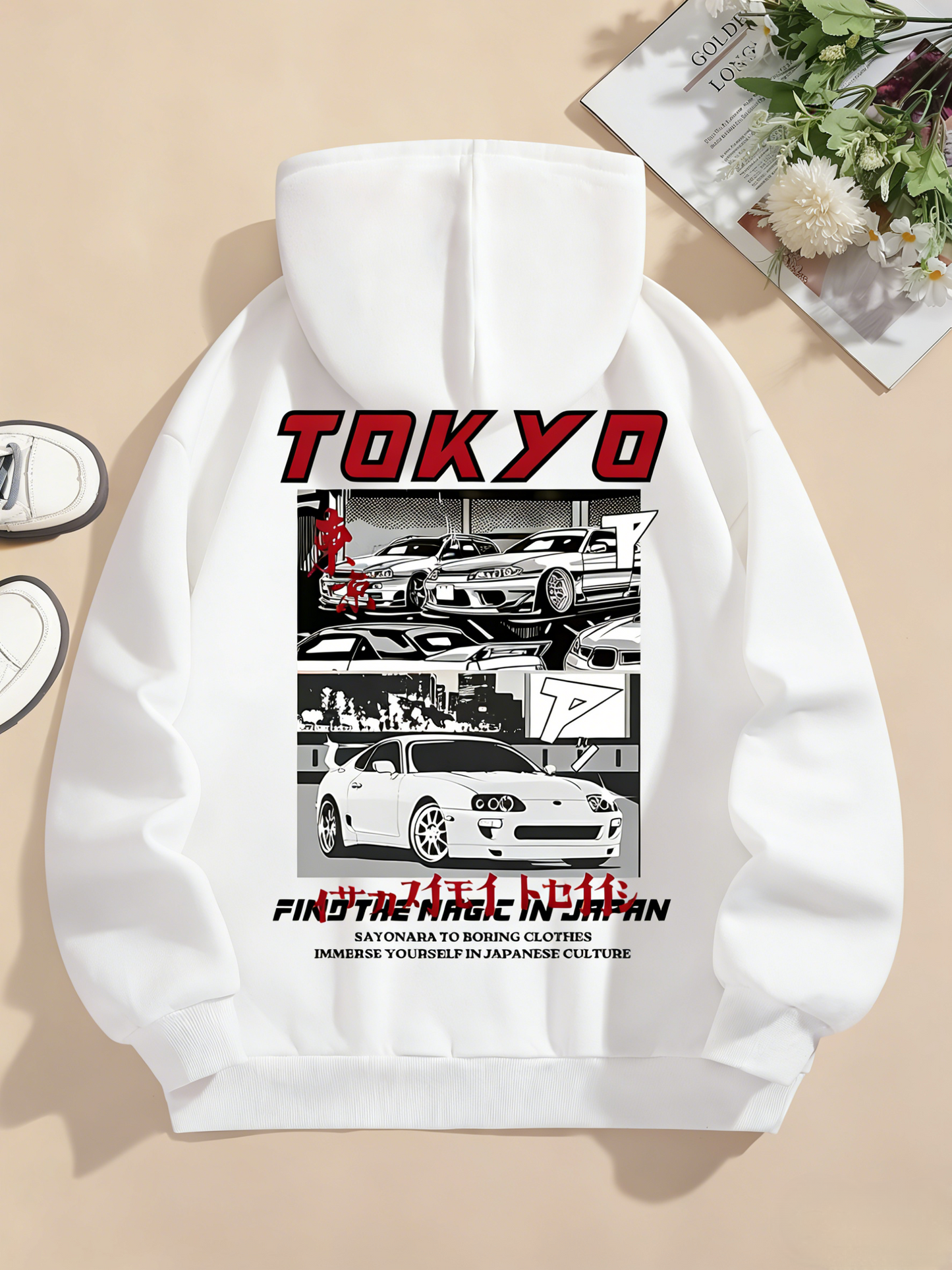 Japanese Racing Streetwear Hoodie - Men's Graphic Pullover, Hooded Sweatshirt with Car Motif