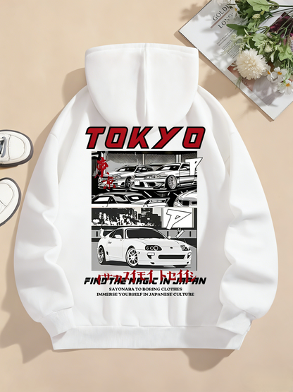 Japanese Racing Streetwear Hoodie - Men's Graphic Pullover, Hooded Sweatshirt with Car Motif