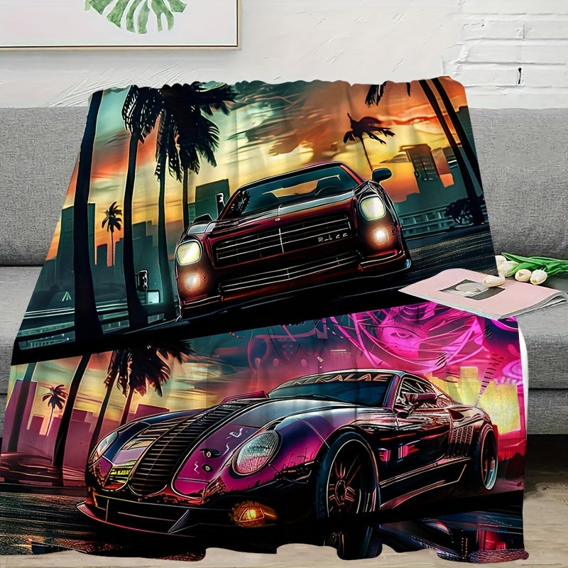 City Skyline & Car Print Throw Blanket - Modern Urban Design, All-Season Machine Washable for Couch, Dorm, Office, Gift for City Life Enthusiasts