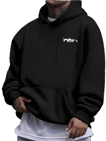 Racing Car Graphic Hoodie for Men - Loose Fit Streetwear Pullover, Motorsport Inspired Hooded Sweatshirt