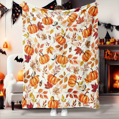 Autumn Harvest Flannel Blanket - Cozy Pumpkin & Maple Leaf Print for Home & Travel