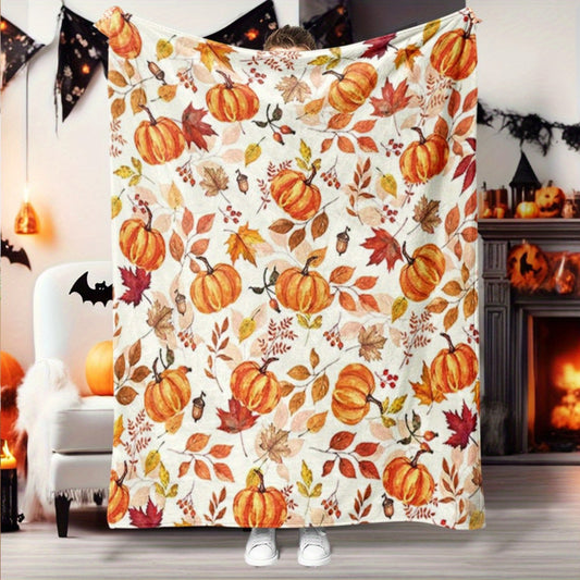 Autumn Harvest Flannel Blanket - Cozy Pumpkin & Maple Leaf Print for Home & Travel