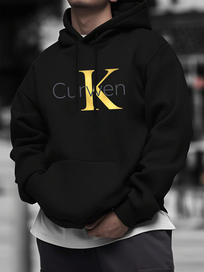 Men‘s Black Geometric Print Hoodie - Minimalist Kangaroo Pocket Pullover, Essential Hooded Sweatshirt