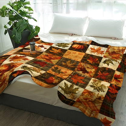 Patchwork Plaid Flannel Blanket - Fall Leaf Print, All-Season Soft Throw for Sofa, Bed & Housewarming Gift