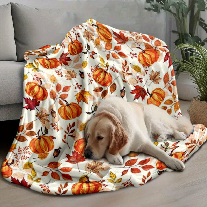 Autumn Harvest Flannel Blanket - Cozy Pumpkin & Maple Leaf Print for Home & Travel