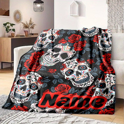 Sugar Skull Flannel Blanket - Personalized Gothic Throw with Red Roses on Black | Custom Name, All-Season Soft Gift for Bed, Sofa & Travel Decor
