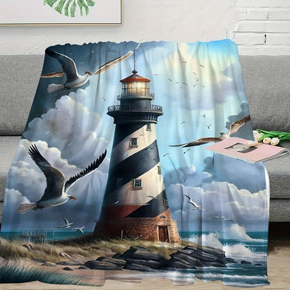 Lighthouse & Seagull Print Throw Blanket - Coastal Themed Soft Blanket for Couch, Beach, Picnic, Multi-Scene Home & Outdoor Gift for Holiday & Birthday