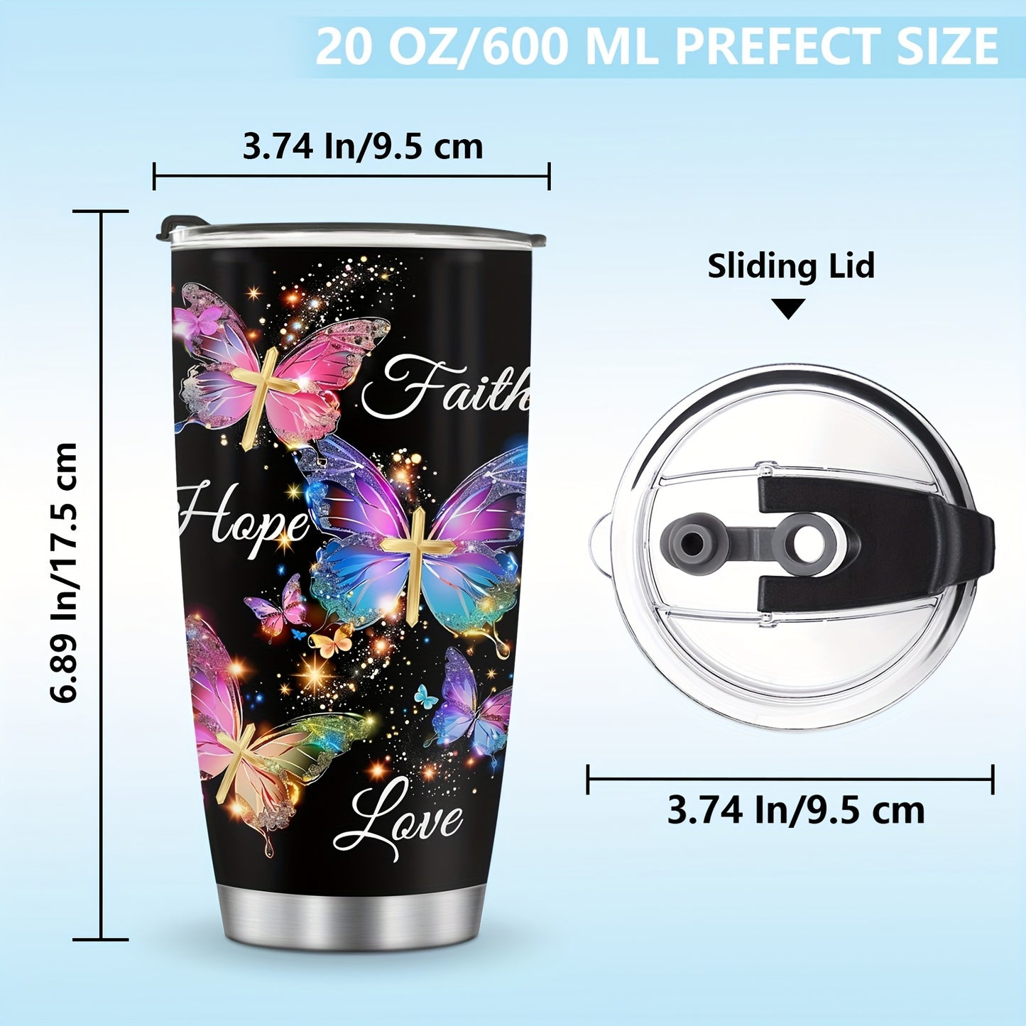 Faith Hope Love Tumbler 20oz - Christian Insulated Mug with Butterfly Galaxy & Cross Design, Bible Verse Gift for Women, Christmas Thanksgiving Mother's Day Present