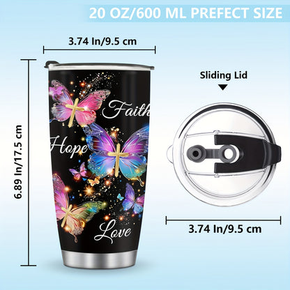 Faith Hope Love Tumbler 20oz - Christian Insulated Mug with Butterfly Galaxy & Cross Design, Bible Verse Gift for Women, Christmas Thanksgiving Mother's Day Present