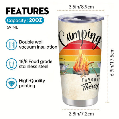 Camping Bonfire Print Tumbler 20oz - Wide Mouth Stainless Steel Insulated Cup, Leak-Proof Lid for Hot & Cold Drinks, Perfect for BBQs, Hiking, Outdoor Gifts