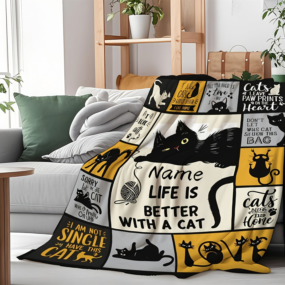 Custom Cat Throw Blanket with Your Name - Personalized Black Cat, Heart & Tote Bag Print | All-Season Flannel Gift for Cat Parents & Home