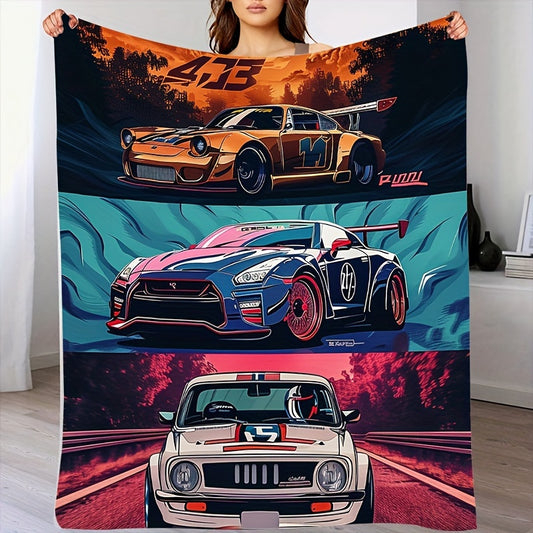 Automotive Enthusiast Quilt - Modern Flannel Bedspread with Sports Car Patterns, Soft, All-Season & Machine Washable, Statement Piece for Man Cave
