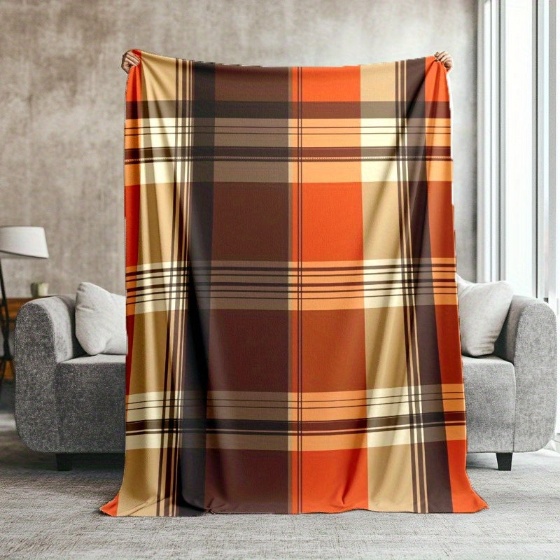 Halloween & Christmas Gift Blanket - Cozy Orange-Brown Plaid, Machine Washable 4-Season Throw for Home Travel