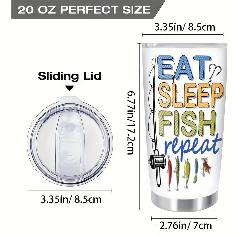 Eat Sleep Fish Repeat 20oz Travel Mug - Insulated Stainless Steel Tumbler with Clear Lid, Double Wall Vacuum for Hot & Cold Drinks - Perfect Fishing Gift for Anglers, Men, Dad - Coffee Tea Outdoor Cup