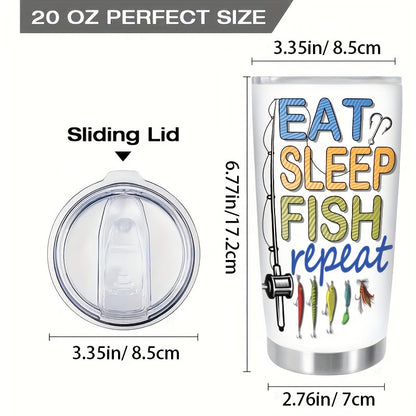 Eat Sleep Fish Repeat 20oz Travel Mug - Insulated Stainless Steel Tumbler with Clear Lid, Double Wall Vacuum for Hot & Cold Drinks - Perfect Fishing Gift for Anglers, Men, Dad - Coffee Tea Outdoor Cup