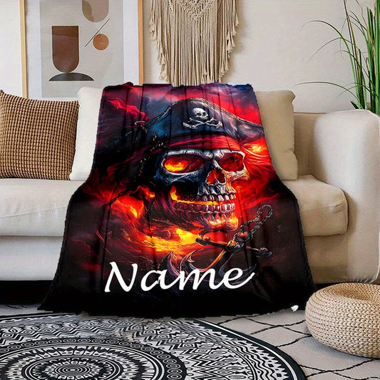 Pirate Skull Flannel Blanket - Custom Gothic Throw with Swords, Ship & Shiny Red Eyes | Personalized Text, All-Season Gift for Gaming Room & Camping