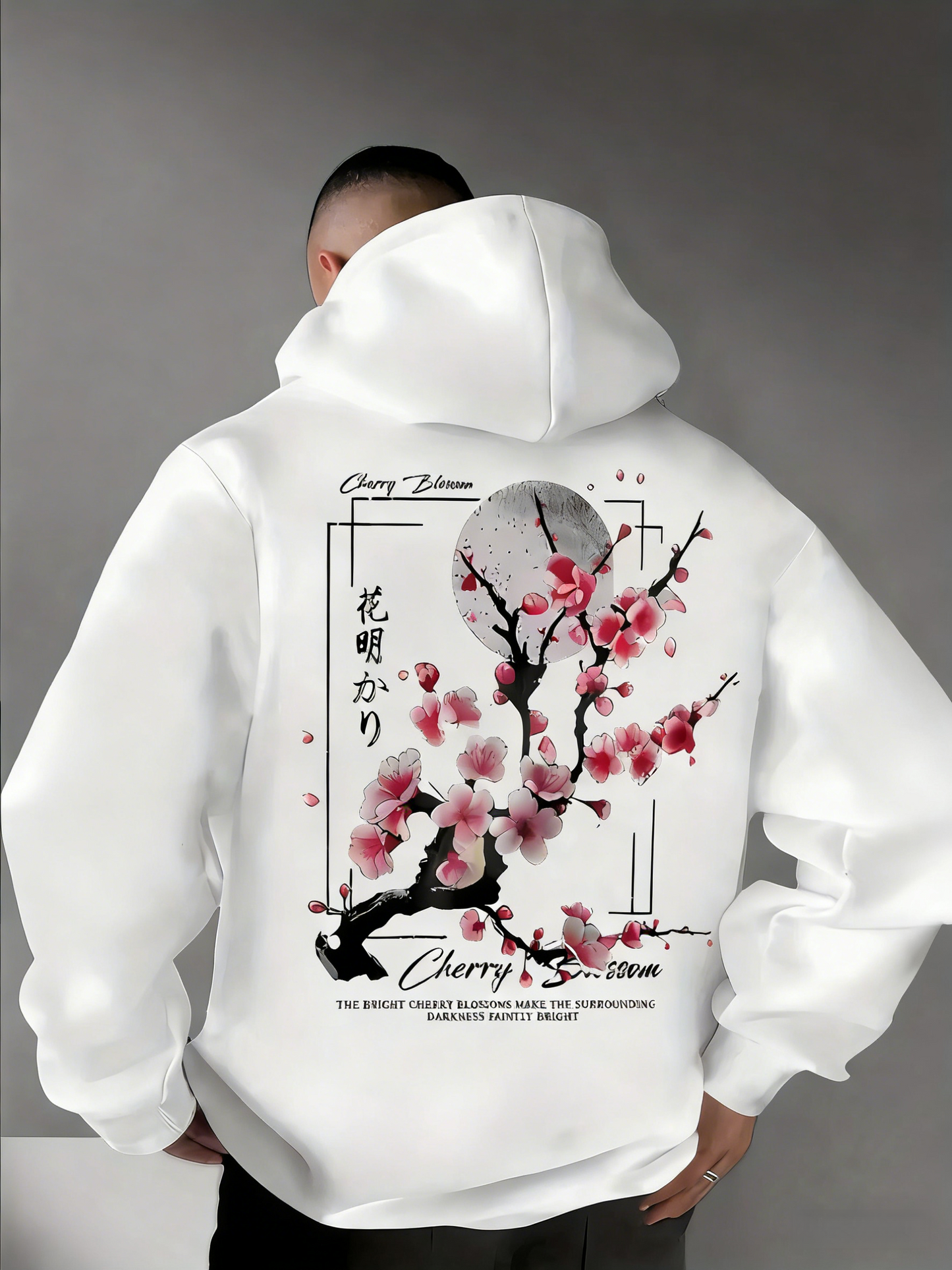 Men's Japanese Sakura Print Hoodie - Vintage Cherry Blossom Pattern & Chinese Character Design, Streetwear Trend Casual Hooded Sweatshirt Pullover Tops