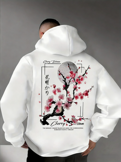 Men's Japanese Sakura Print Hoodie - Vintage Cherry Blossom Pattern & Chinese Character Design, Streetwear Trend Casual Hooded Sweatshirt Pullover Tops