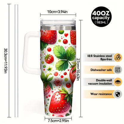 40oz Stainless Steel Tumbler with Handle - Christmas Strawberry Design, Insulated Reusable Cup for Hot/Cold Drinks, Holiday Gift