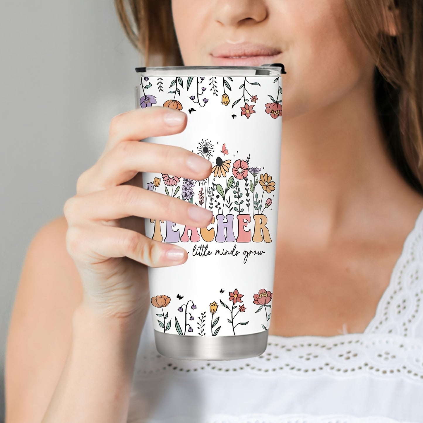 Personalized Teacher Tumbler - Custom Name 20oz Insulated Stainless Steel Mug | Floral & Pencil Design for Teacher Appreciation, Back to School & End of Year Gifts from Students