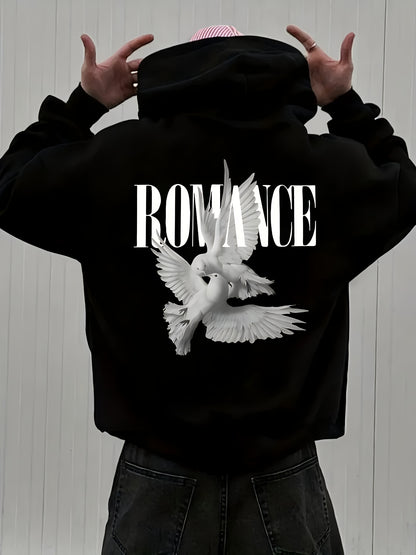 Front & Back Print Men‘s Hoodie - "ROMANCE" with White Dove Pattern, Fashion Basic Hooded Sweatshirt, Regular Fit