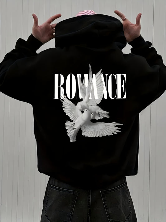 Front & Back Print Men‘s Hoodie - "ROMANCE" with White Dove Pattern, Fashion Basic Hooded Sweatshirt, Regular Fit