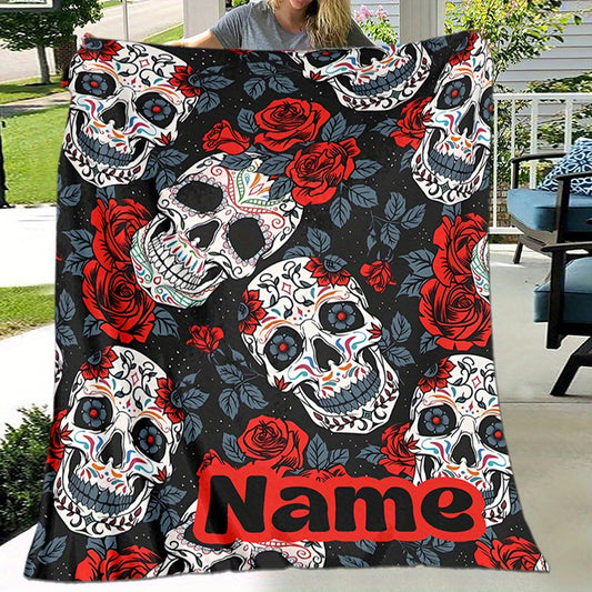 Sugar Skull Flannel Blanket - Personalized Gothic Throw with Red Roses on Black | Custom Name, All-Season Soft Gift for Bed, Sofa & Travel Decor
