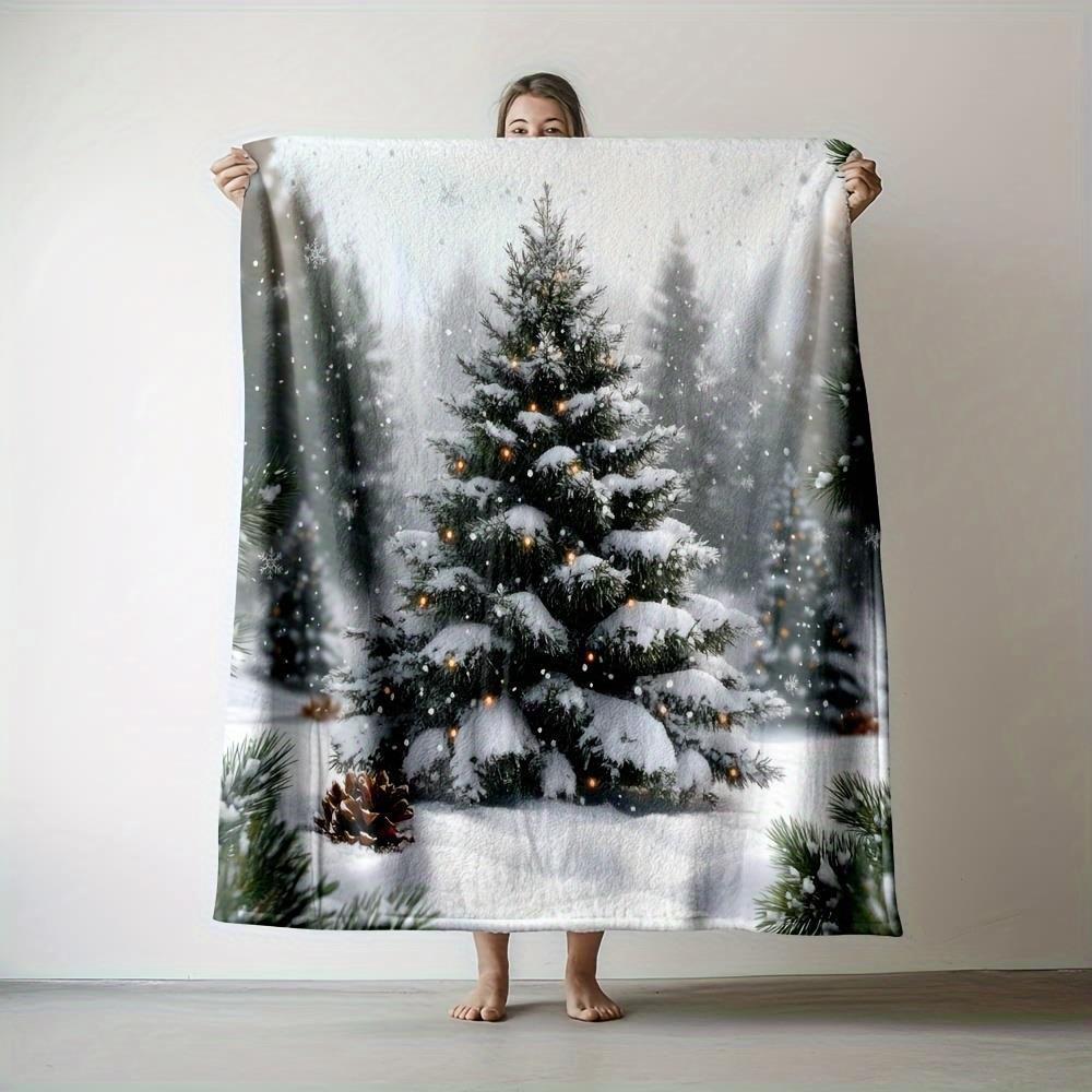 Twinkling Pine Forest Flannel Blanket - Snowy Night Scene with Lights, Machine Washable Christmas Gift & Decor
