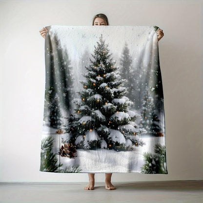 Twinkling Pine Forest Flannel Blanket - Snowy Night Scene with Lights, Machine Washable Christmas Gift & Decor