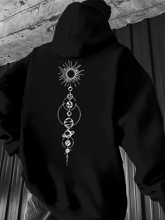 Men's Sun and Moon Geometric Hoodie | Minimalist Graphic Pullover, Streetwear Casual Hooded Sweatshirt Top with Pocket