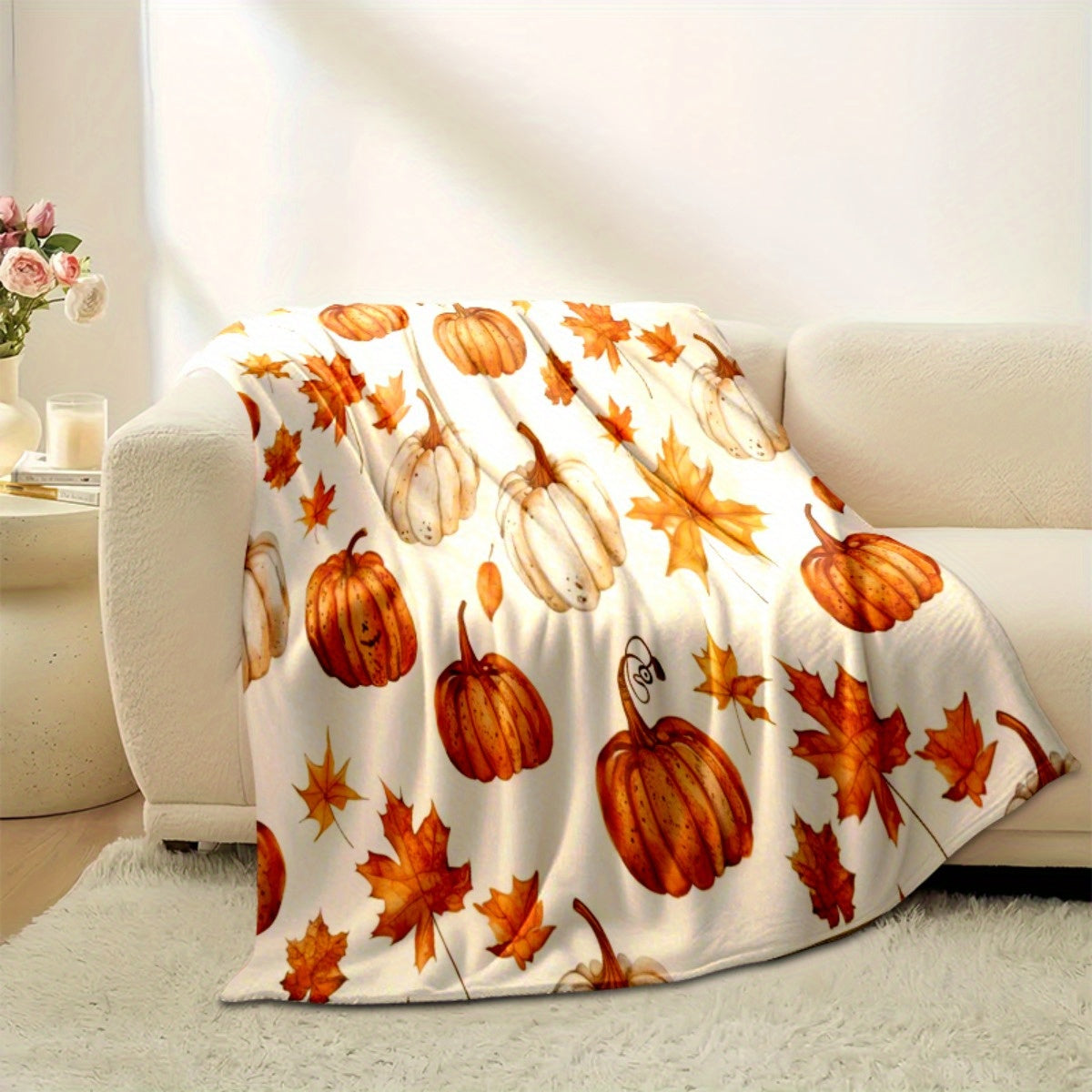 Fall Pumpkin Leaf Print Flannel Blanket - Soft Plush All-Season Throw in White & Orange, Modern Farmhouse Decor for Sofa & Bed | Thanksgiving & Halloween Gift