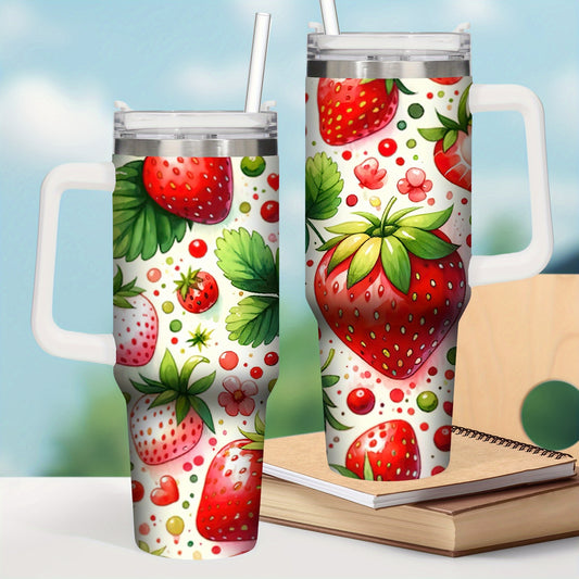 40oz Stainless Steel Tumbler with Handle - Christmas Strawberry Design, Insulated Reusable Cup for Hot/Cold Drinks, Holiday Gift