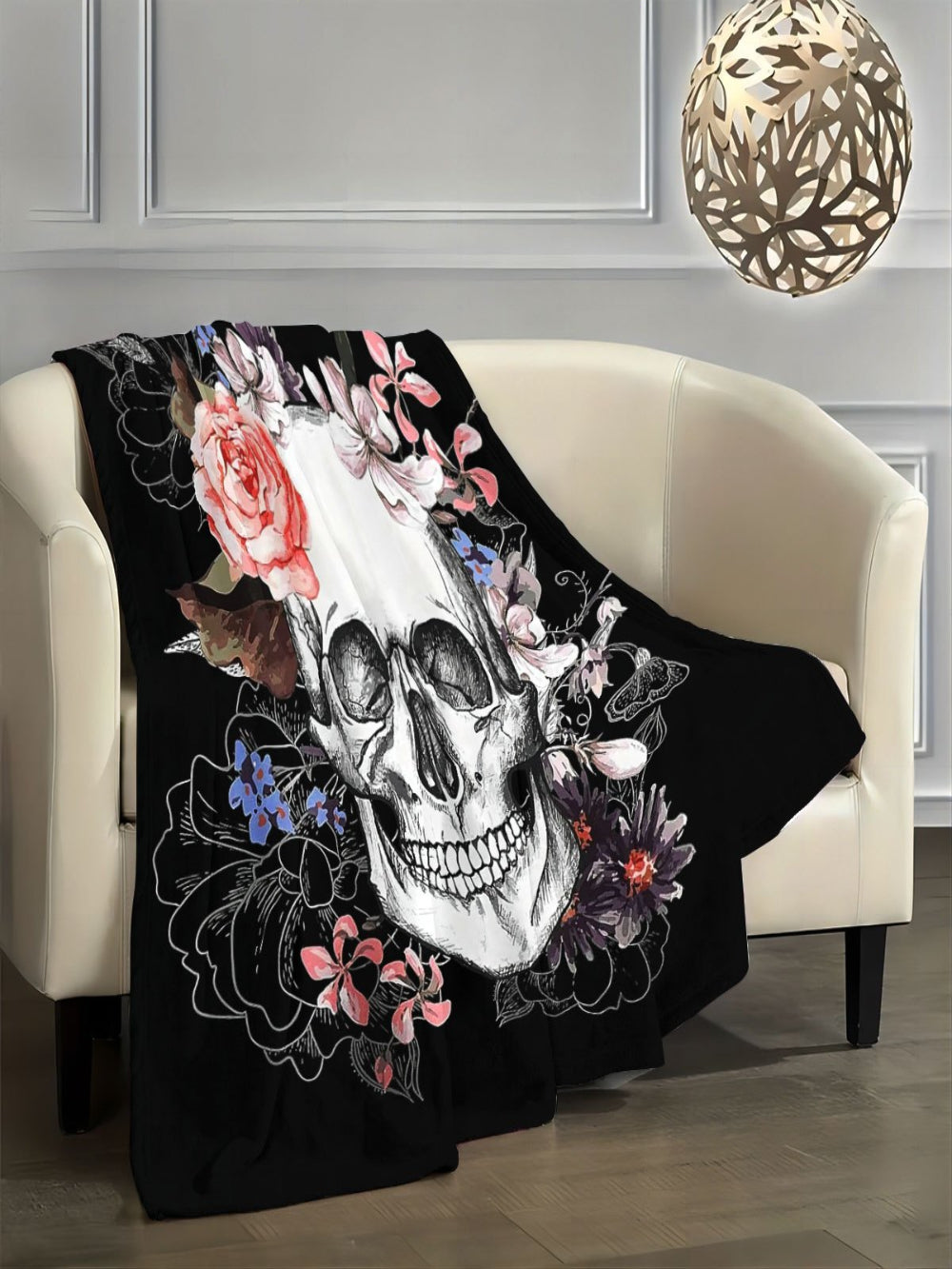 Skull & Floral Flannel Throw - Light Beige Gothic Blanket, Soft All-Season for Sofa Bed, Washable Home Decor
