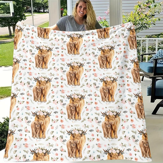 Modern Farmhouse Flannel Throw Blankets - Cow, Deer & Floral Print in Light Brown & Pink, Soft Warm Blanket for Sofa Bed Travel
