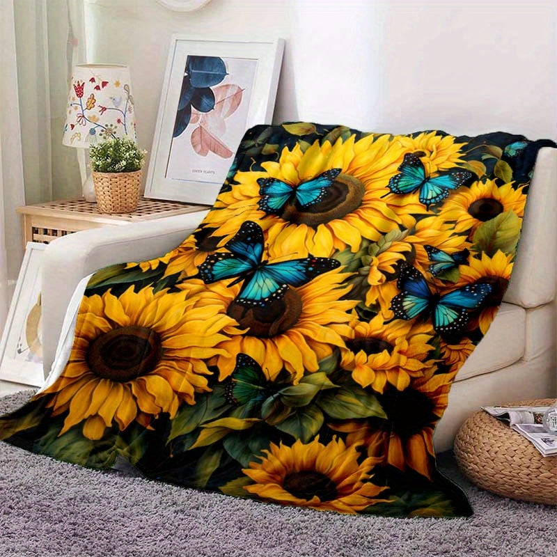 Sunflower & Blue Butterfly Flannel Throw - Vibrant Lightweight Blanket | Uplifting Nature Design for Multi-Scene Use at Home, Outdoors, or as a Gift