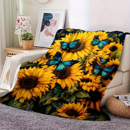 Sunflower & Blue Butterfly Flannel Throw - Vibrant Lightweight Blanket | Uplifting Nature Design for Multi-Scene Use at Home, Outdoors, or as a Gift