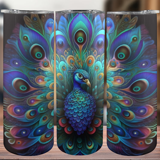 Neon Peacock Tumbler 20oz - Insulated Stainless Steel Cup with Straw & Lid | Vibrant Gift for Women, Girls, Birthday & Festivals, Hand Wash Only