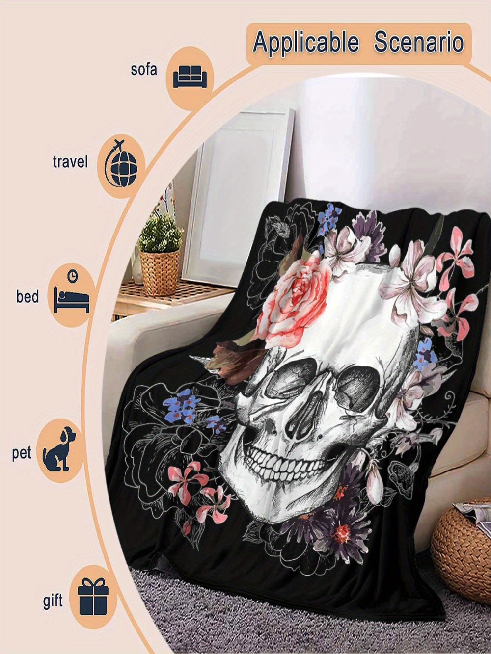 Skull & Floral Flannel Throw - Light Beige Gothic Blanket, Soft All-Season for Sofa Bed, Washable Home Decor
